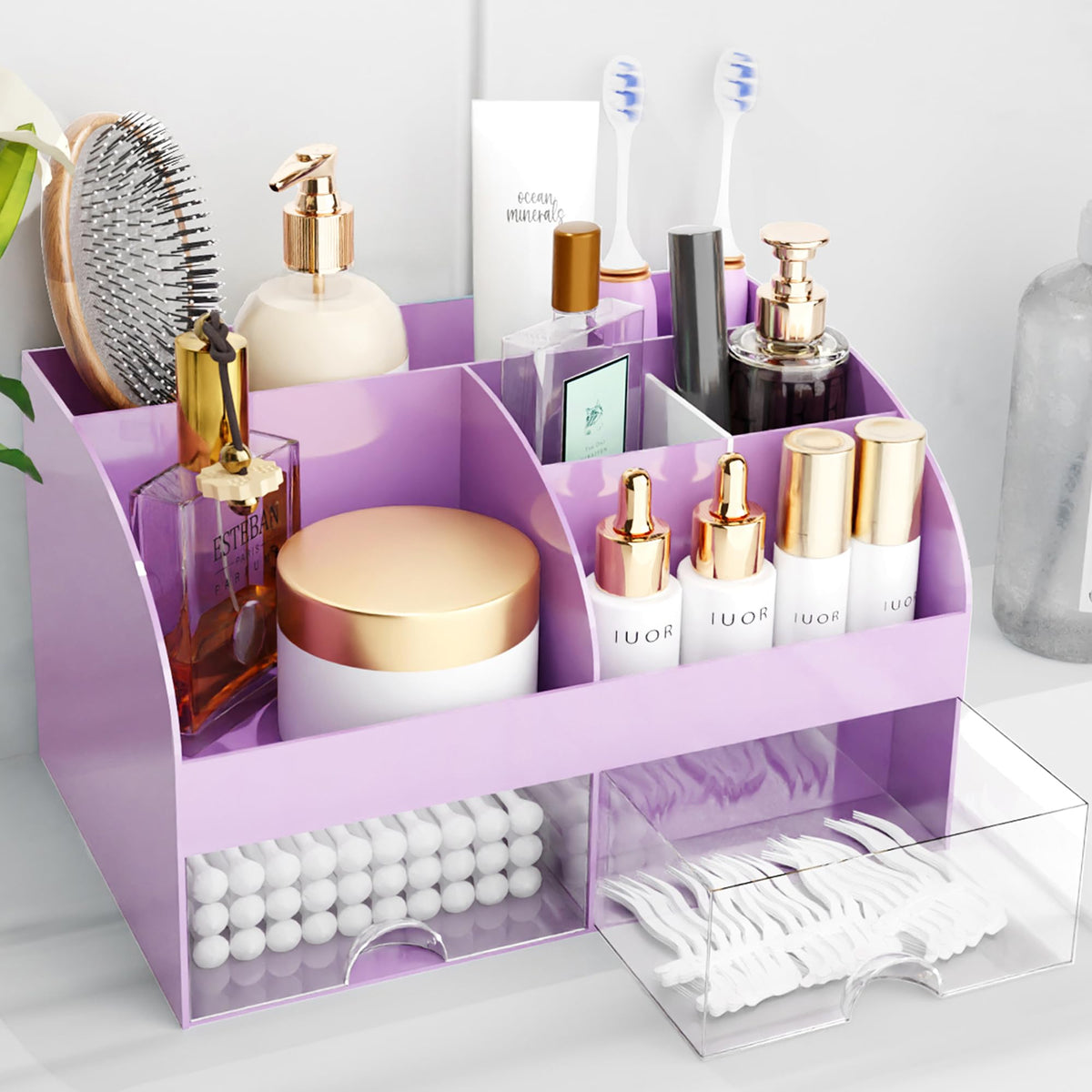 Makeup Organizer with Drawers, Cosmetic Storage for Dresser Vanity and Bathroom Countertop, Beauty Holder for Lipstick Brush, Skincare Organizer for Vanity, Cosmetic Display Case (White)