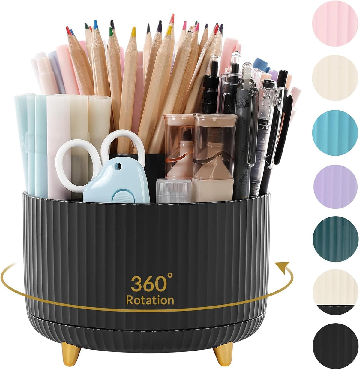 SKYDUE 360 Rotating Plastic Desk Pen Organizer with 5 Slots, Dual-Purpose Art Supply Pencil Cup for Office, School, Home