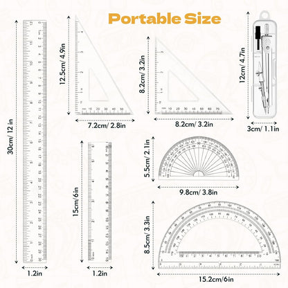 7Pcs Geometry Set-Clear Plastic Rulers,Triangle Ruler,Protractor,Compass