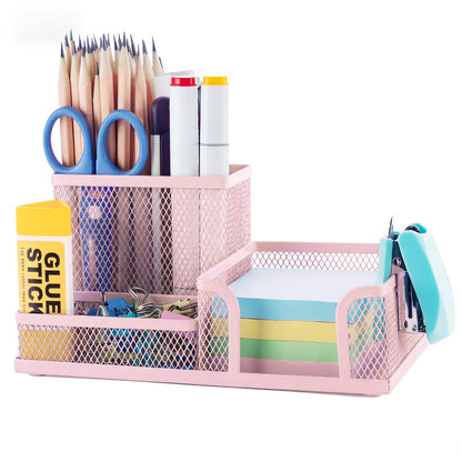 M&G Mesh Pen Holder Desk Organizers Pencil Holder for Desk Black, 3 Compartments Metal Office Supply Organizer with Sticky Notes Holder for School Home Office
