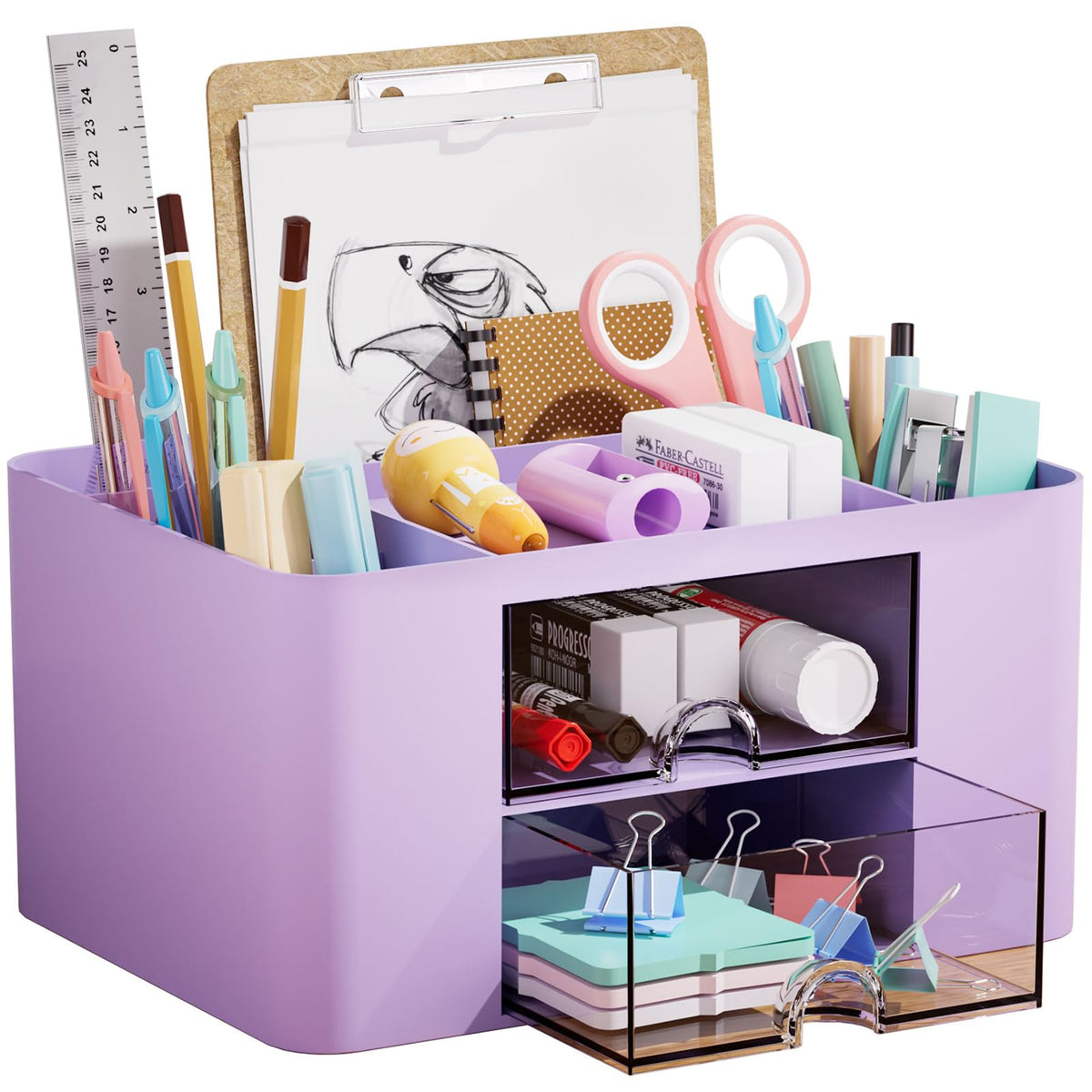 Marbrasse Pen Organizer with 2 Drawer, Multi-Functional Pencil Holder for Desk, Desk Organizers and Accessories with 5 Compartments + Drawer for Office Art Supplies (White)