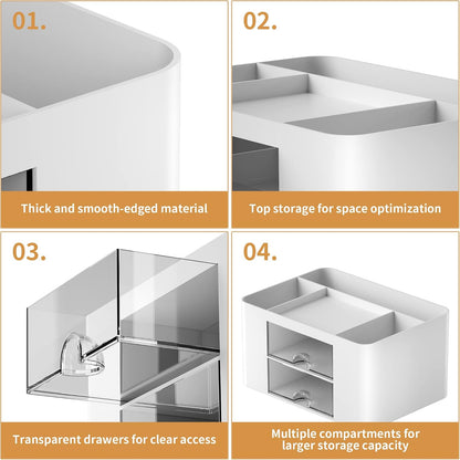 Marbrasse Pen Organizer with 2 Drawer, Multi-Functional Pencil Holder for Desk, Desk Organizers and Accessories with 5 Compartments + Drawer for Office Art Supplies (White)