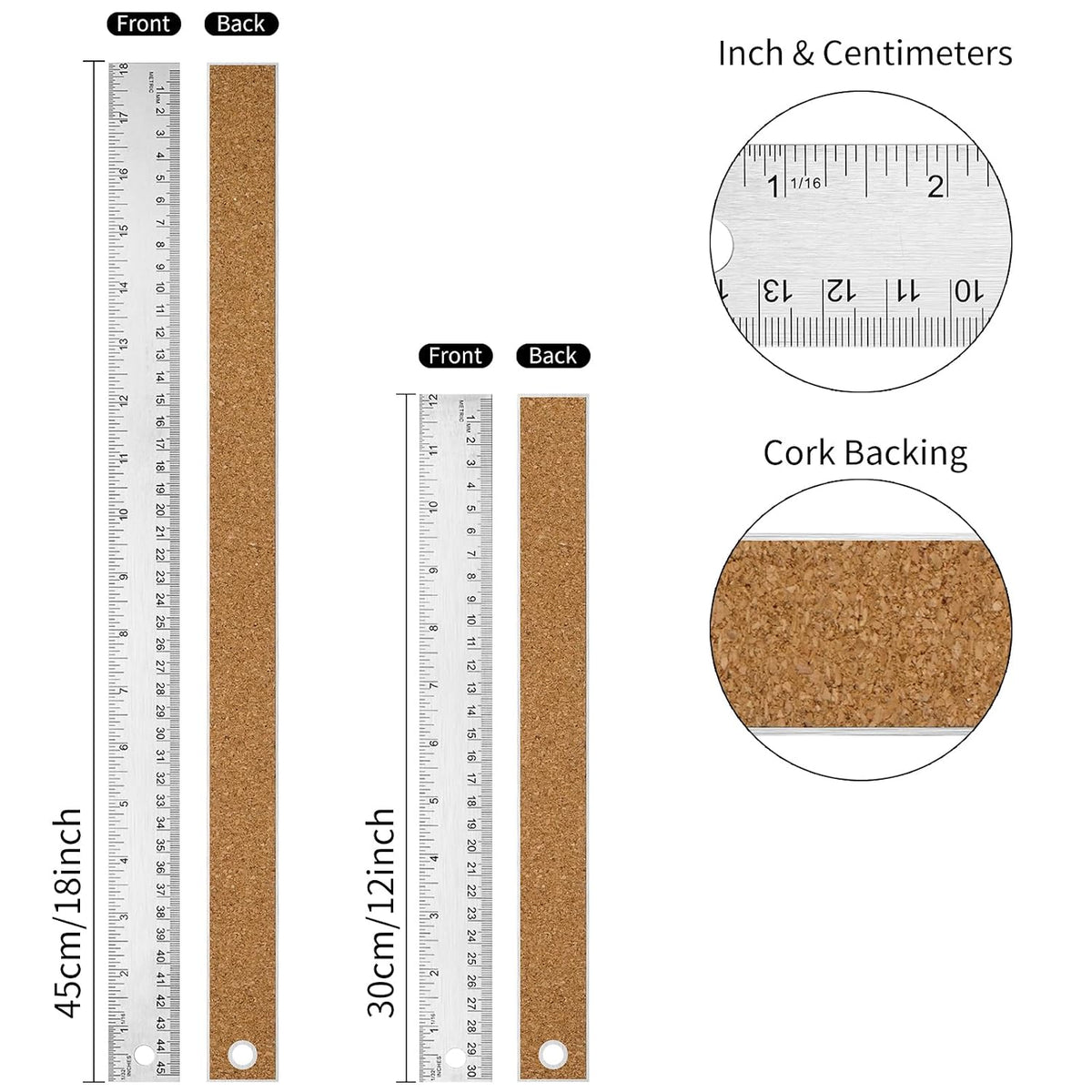 12+18 inch Metal Ruler with Cork Backing, Imperial & Metric Markings