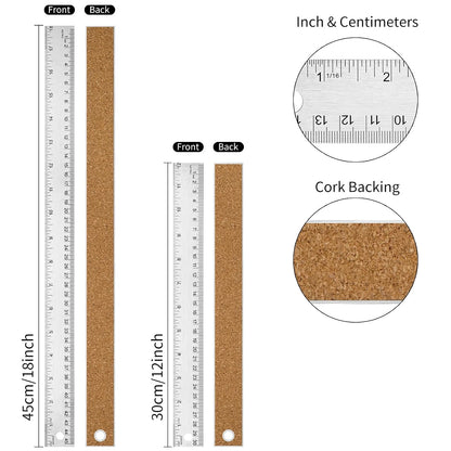 12+18 inch Metal Ruler with Cork Backing, Imperial & Metric Markings