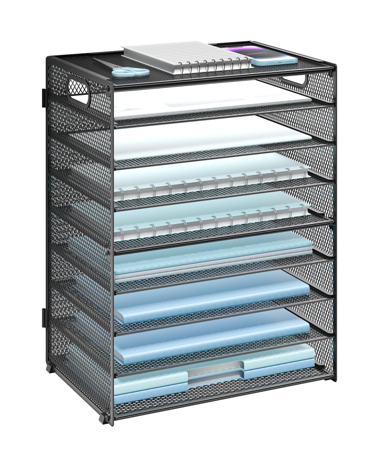WALI Desk File Organizer, 4 Tier Desktop Paper Letter Tray Organizer with Drawer and 2 Pen Holders, Office Desk Accessories & Workspace Organizers for Office, Home Supplies(DO005DH-B), 1 Pack, Black