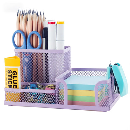 M&G Mesh Pen Holder Desk Organizers Pencil Holder for Desk Black, 3 Compartments Metal Office Supply Organizer with Sticky Notes Holder for School Home Office