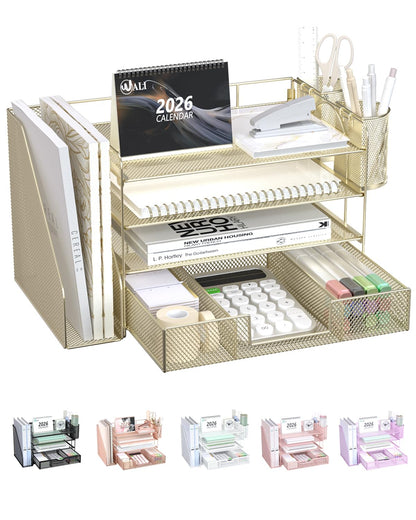 WALI Desk File Organizer, 4 Tier Desktop Paper Letter Tray Organizer with Drawer and 2 Pen Holders, Office Desk Accessories & Workspace Organizers for Office, Home Supplies(DO005DH-B), 1 Pack, Black