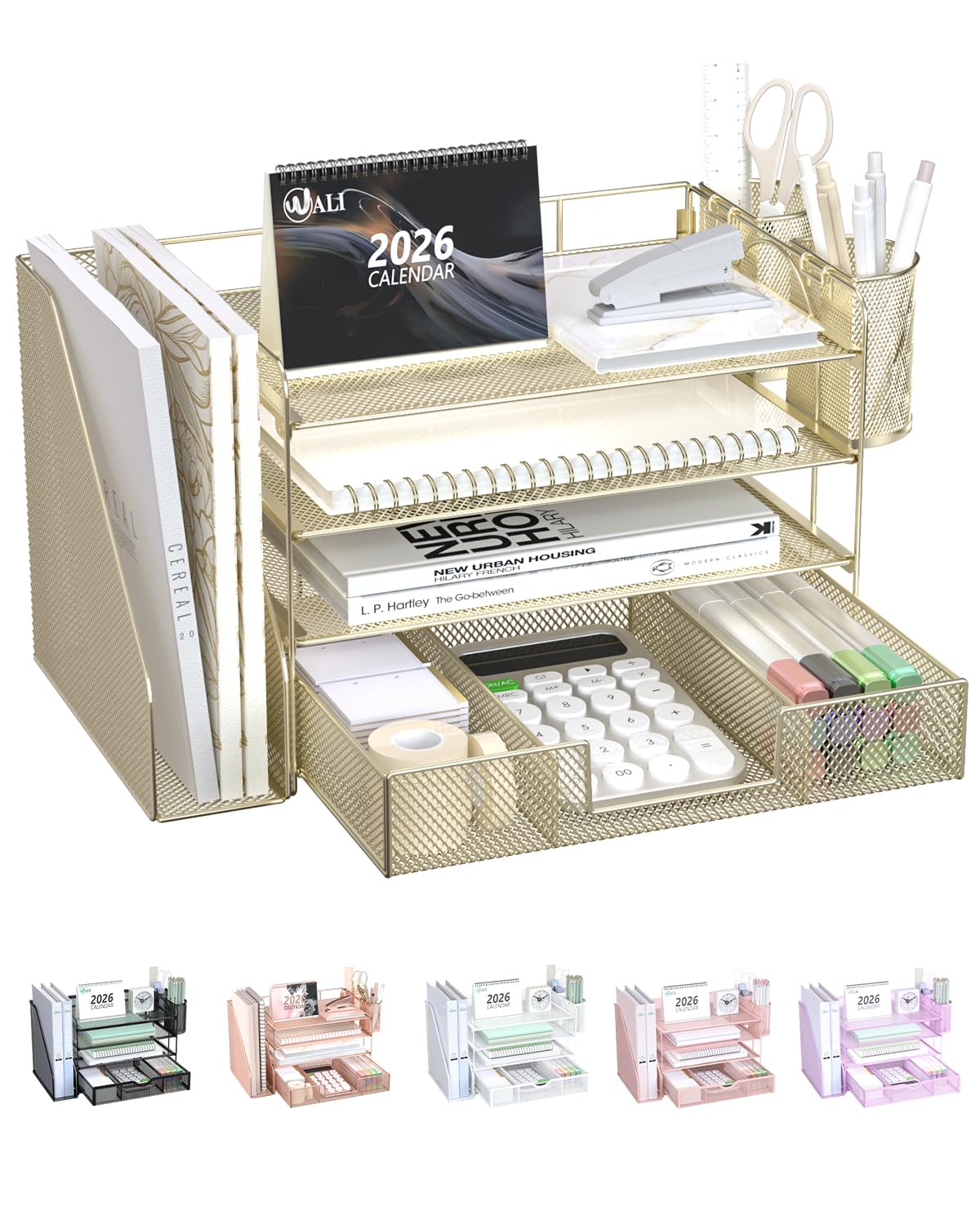 WALI Desk File Organizer, 4 Tier Desktop Paper Letter Tray Organizer with Drawer and 2 Pen Holders, Office Desk Accessories & Workspace Organizers for Office, Home, School Supplies, 1 Pack, Rose Gold