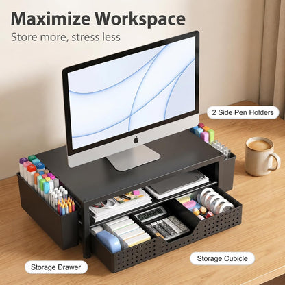 ECOLOVI Desk Organizer and Accessories, 2-Tier Computer Monitor Stand Rise with Storage Drawer & 2 Pen Holders, Laptop & Printer Stand for Desktop, Workspace Organizers for Office Supplies (Black)