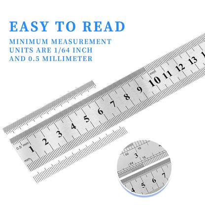 Metal Ruler, 3 Pack, 6, 8, 12 Inch (15, 20, 30 CM) | Metric Ruler