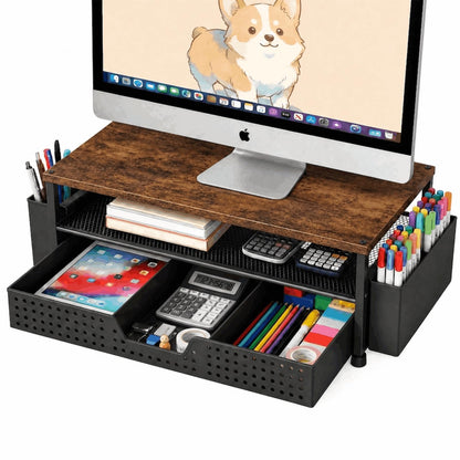 ECOLOVI Desk Organizer and Accessories, 2-Tier Computer Monitor Stand Rise with Storage Drawer & 2 Pen Holders, Laptop & Printer Stand for Desktop, Workspace Organizers for Office Supplies (Black)