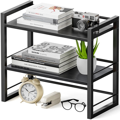 Office Desk Shelf Organizer, Wood Desktop Bookshelf Supplies Storage Rack, Shelf for Top of Desk and Dresser (Brown-2 Tier)