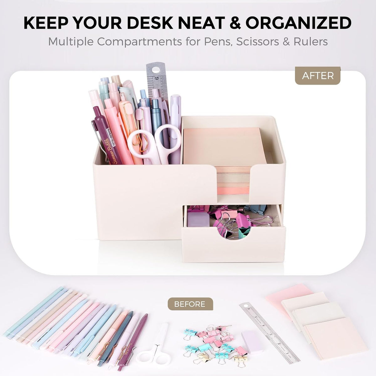 SKYDUE Small Desk Organizer with Sticky Notes Holder,Pen Holder for Desk