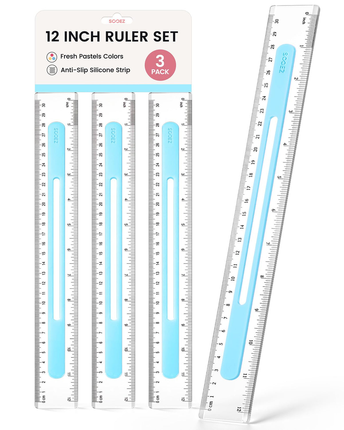 Sooez 3 Pack Ruler 12 Inch, Anti-Slip Clear Rulers for Kids School, Pastels