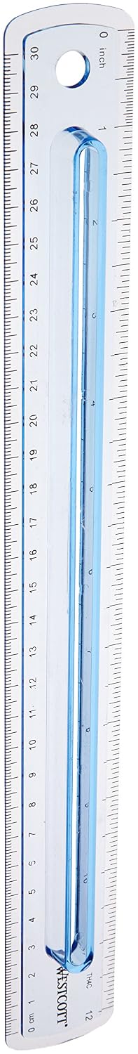 Westcott Finger Grip Plastic Ruler Measuring Inches and Metric, 12", Assorted Colors