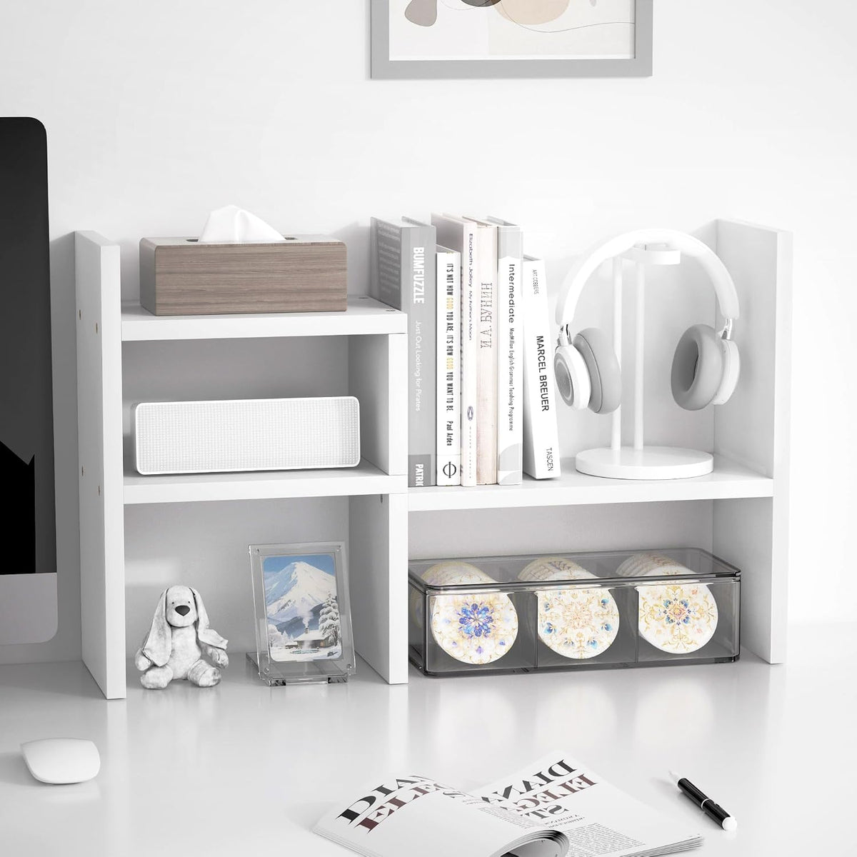 Jerry & Maggie - Desktop Organizer Office Storage Rack Adjustable Wood Display Shelf | Birthday Gifts - Toy - Home Decor | - Free Style Rotation Display - True Natural Stand Shelf (White)