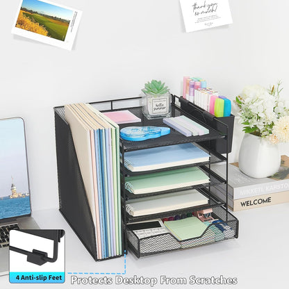5-Tier Desk File Organizer with Drawer & Pen Holder (Black)