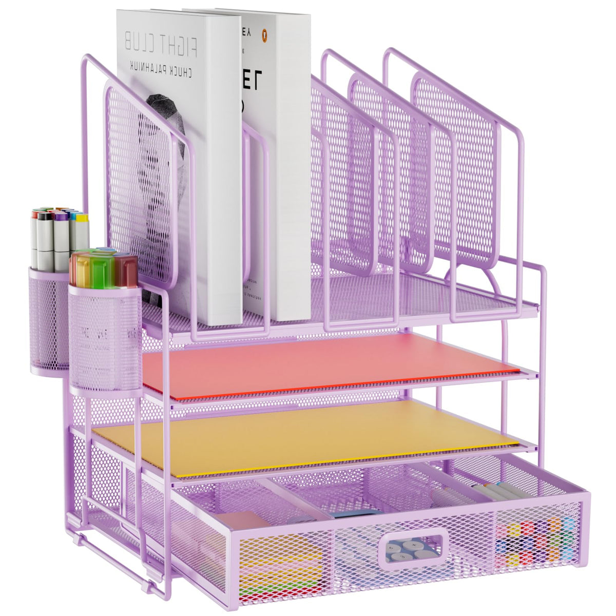 Marbrasse Desk Organizer with Drawer, 4-Tier Mesh File Organizer with 5 Vertical File Holders and 2 Pen Holders, Multifunction Desktop Organizer,Desk Organizers and Accessories for Home Office