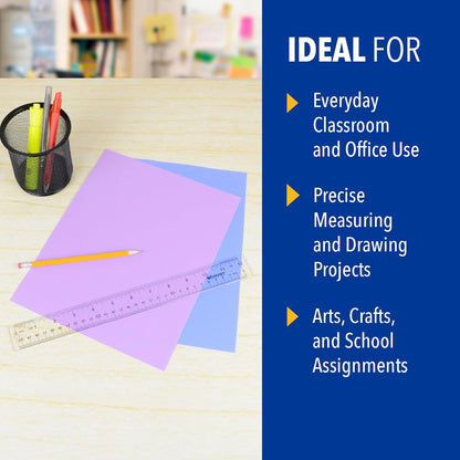 Westcott Acrylic Clear Rulers Set, Easy-to-Read Markings, Scratch-Resistant Design, Raised Beveled Edges, for Crafting, Office, Classroom, Back to School, School Supplies, 12-Inch, 3 Pack