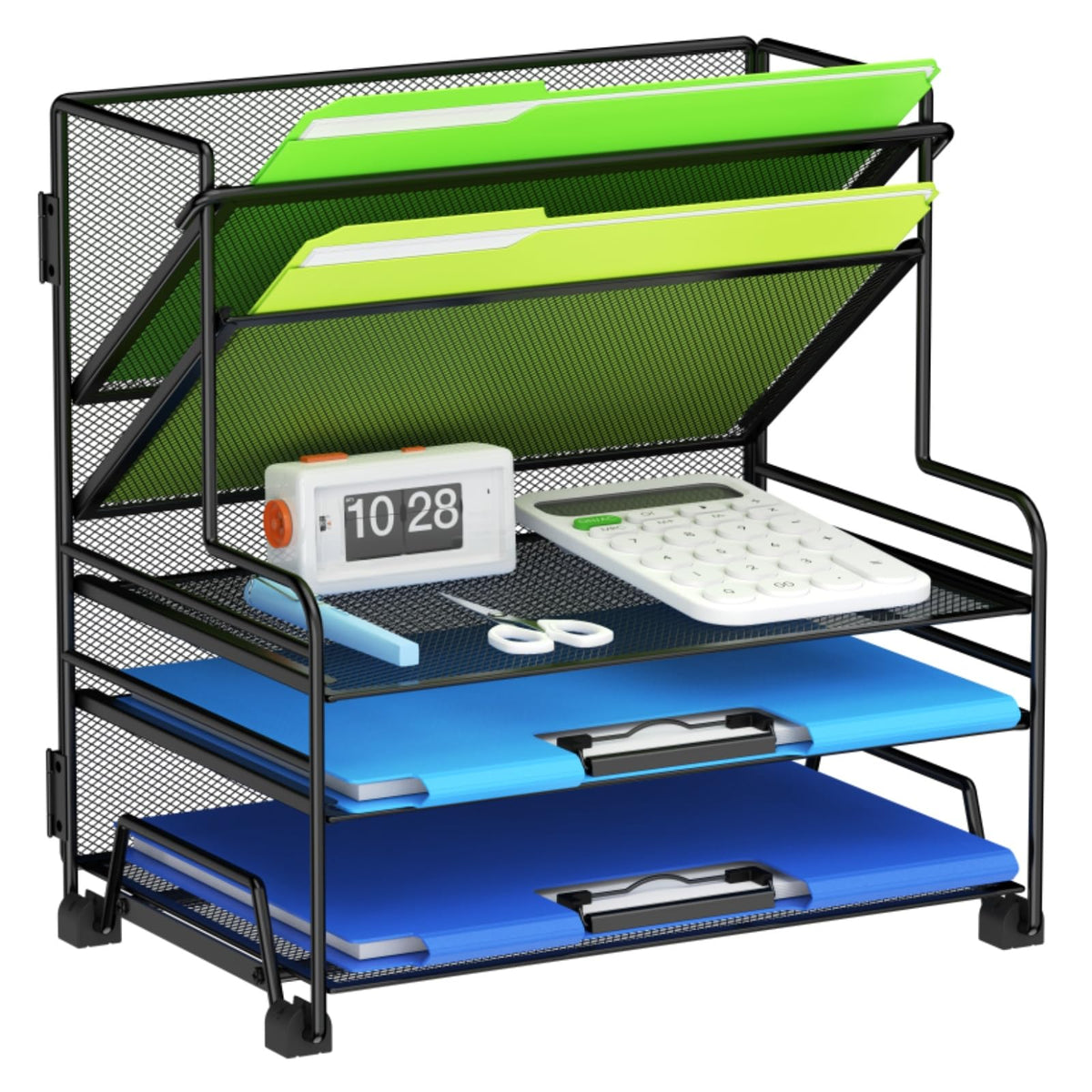 MINDEPOT 4-Tier Paper Organizer + 3-Pocket File Holder + Drawer + Pen Holders, Desktop File Organizers Paper Tray for Office Accessories School Classroom Organization (Black)