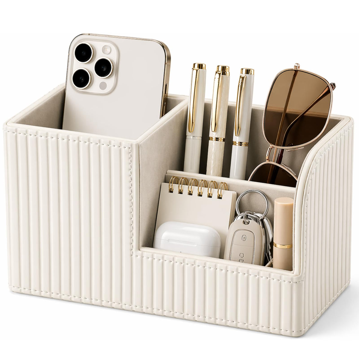 KINGFOM Desk Pen Organizer Office Supplies Caddy Pu Leather Multi-function Storage Box Pen/Pencil,Cell phone, Business Name Cards Remote Control Holder (Mocha Beige)