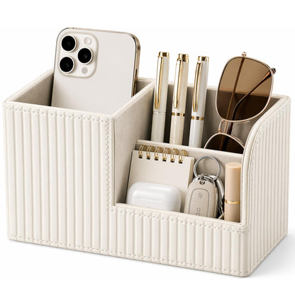 KINGFOM Desk Pen Organizer Office Supplies Caddy Pu Leather Multi-function Storage Box Pen/Pencil,Cell phone, Business Name Cards Remote Control Holder (Mocha Beige)