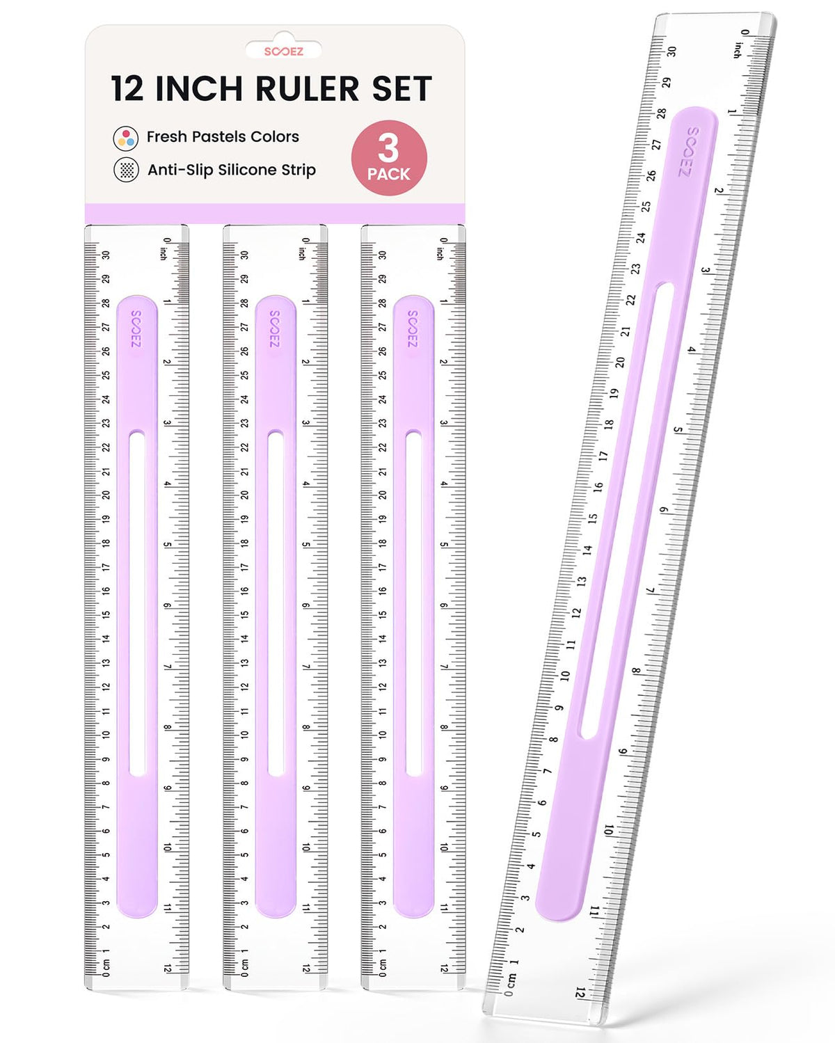 Sooez 3 Pack Ruler 12 Inch, Anti-Slip Clear Rulers for Kids School, Pastels