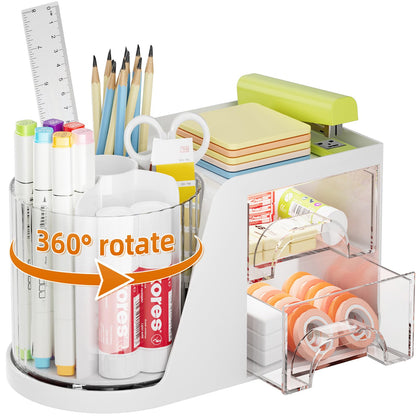 Marbrasse Desk Organizer with 2 Drawer, 360°Rotating Pen Holder, Desk Organizers and Accessories with 6 Slots Pencil Holder + 2 Drawer, Art Supply Storage Box Caddy for Office (Green)