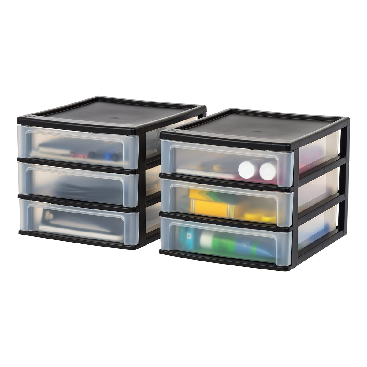 IRIS USA 2-Pack, 3-Drawer Small Plastic Stacking Desktop Organizer, Black
