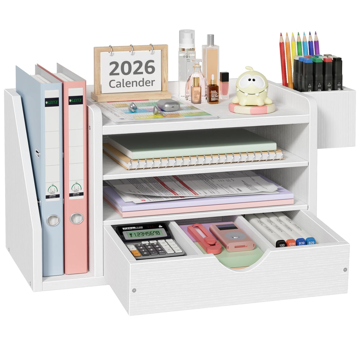 Desktop Shelf Desk Organizer File Holder - Dorm College Desk Bookshelf, Adjustable White Wood Shelving, Small Countertop Bookcase for Office Supplies, Student Study Desk & Home Organization Rack