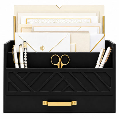 BLU MONACO | Wooden Mail Organizer with Drawer | Mail Organizer Countertop with 6 Compartments | Bill Holder for Desk | White Desktop Mail Sorter