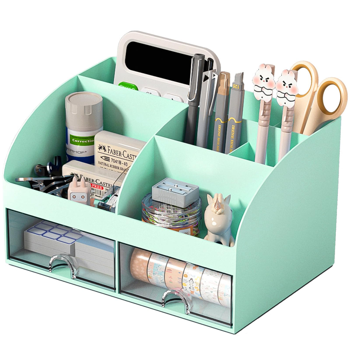 COMFYROOM Desk Organizer with 6 Compartments and 2 Drawers, Plastic Makeup Organizer, Pen Holder for Desktop Storage, Desk Organization for School, Home, Office Supplies (White)