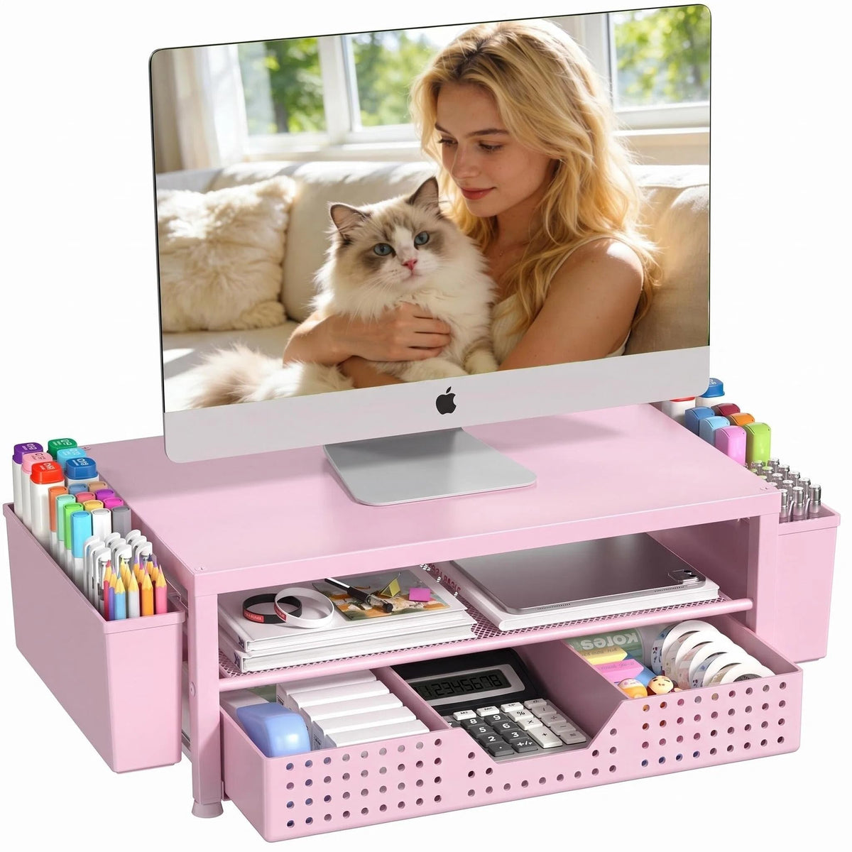 OPNICE Desk Organizers and Accessories, Computer Monitor Stand Riser with Drawer and 2 Pen Holders, Printer & Laptop Stand, Office Desk Accessories & Workspace Organizers for Home Office Supplies, Black