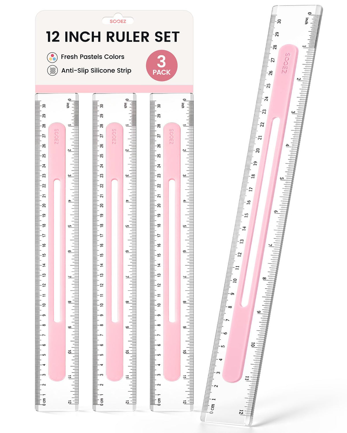 Sooez 3 Pack Ruler 12 Inch, Anti-Slip Clear Rulers for Kids School, Pastels