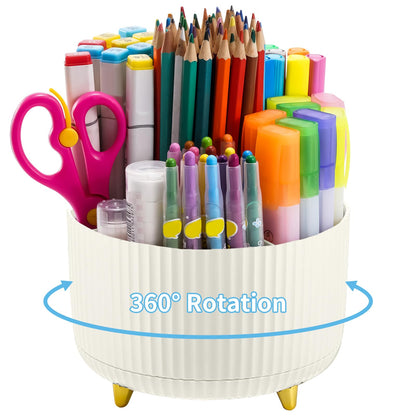 Marbrasse Desk Organizer, 360-Degree Rotating Pen Holder, Desk Organizers and Accessories with 5 Compartments Pencil Holder, Art Supply Storage Box Caddy for Office, Home（White）