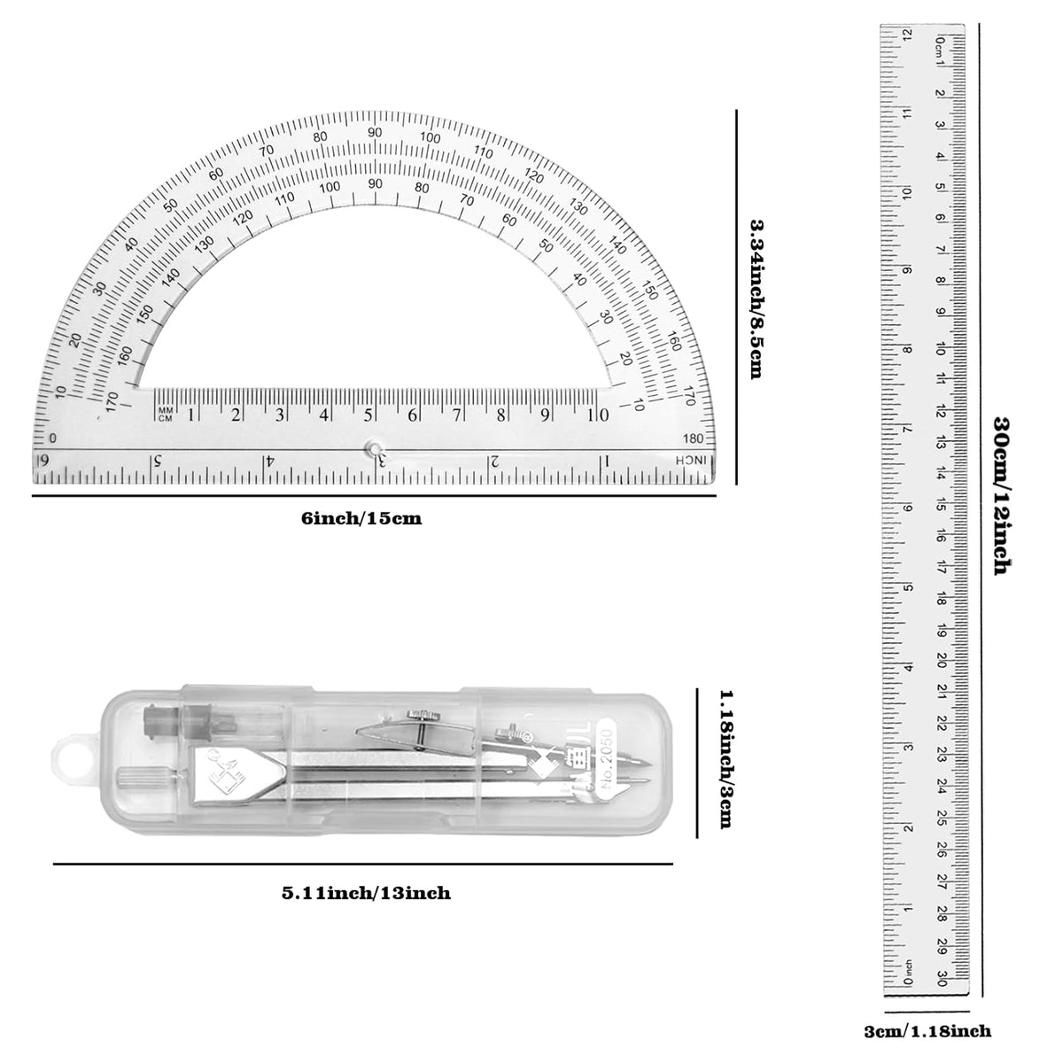 3 Packs Plastic 12 Inch Ruler,6 Inch Clear Protractor and Compasses Set Student Geometry Math Set for Classroom Set Angle Detector School Supplies Classroom Ruler Home Office Drawings