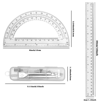 3 Packs Plastic 12 Inch Ruler,6 Inch Clear Protractor and Compasses Set Student Geometry Math Set for Classroom Set Angle Detector School Supplies Classroom Ruler Home Office Drawings