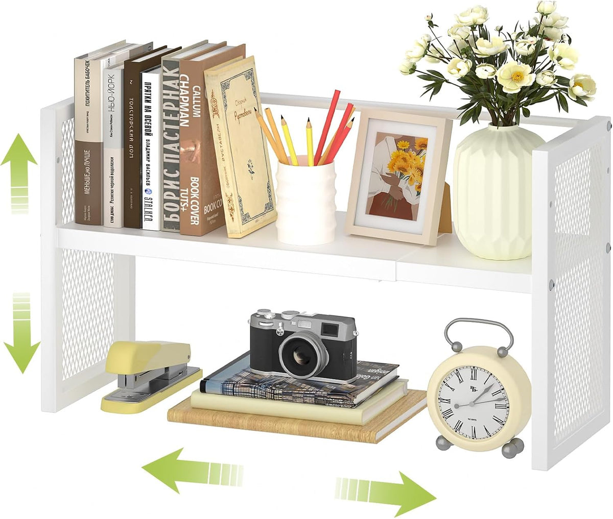 ThreeHio Expandable Desktop Bookshelf, Desk Shelf Organizer Adjustable Height, White Book Shelf for Top of Desk Organizers and Accessories, Metal Countertop Storage Display Rack for Home Office Dorm