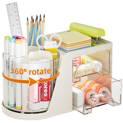 Marbrasse Desk Organizer with 2 Drawer, 360°Rotating Pen Holder, Desk Organizers and Accessories with 6 Slots Pencil Holder + 2 Drawer, Art Supply Storage Box Caddy for Office (Green)
