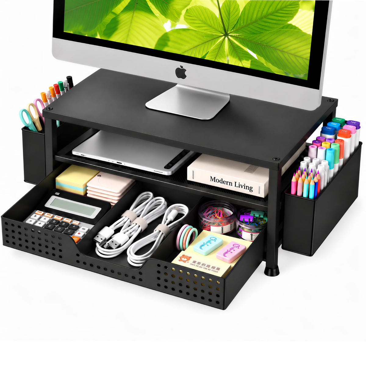 ECOLOVI Desk Organizer and Accessories, 2-Tier Computer Monitor Stand Rise with Storage Drawer & 2 Pen Holders, Laptop & Printer Stand for Desktop, Workspace Organizers for Office Supplies (Black)