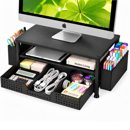 ECOLOVI Desk Organizer and Accessories, 2-Tier Computer Monitor Stand Rise with Storage Drawer & 2 Pen Holders, Laptop & Printer Stand for Desktop, Workspace Organizers for Office Supplies (Black)