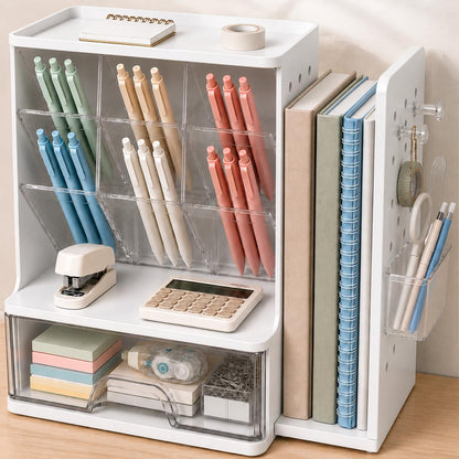 Sooez Desk Organizer with Bookends, Pegboard & Drawer, Pen & Pencil Holder