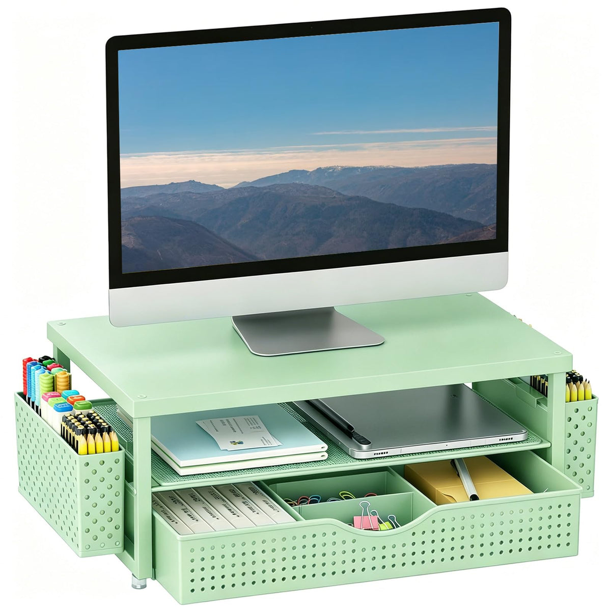 gianotter Desk Organizers and Accessories, Monitor Stand with Drawer and 2 Pen Holder, Desktop Organizer Suitable for Offices and Dormitories (Wood)