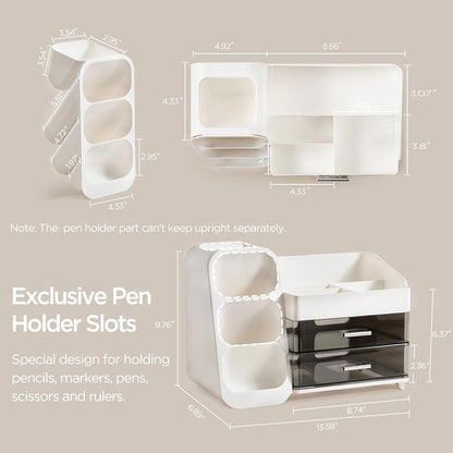 HBlife Desk Organizer with Pen Pencil Holder for Desk, Pen Organizer with 2 Drawers, Desk Organizers and Accessories with 4 Compartments, Desktop Storage for Office Home School Art Supplies, White