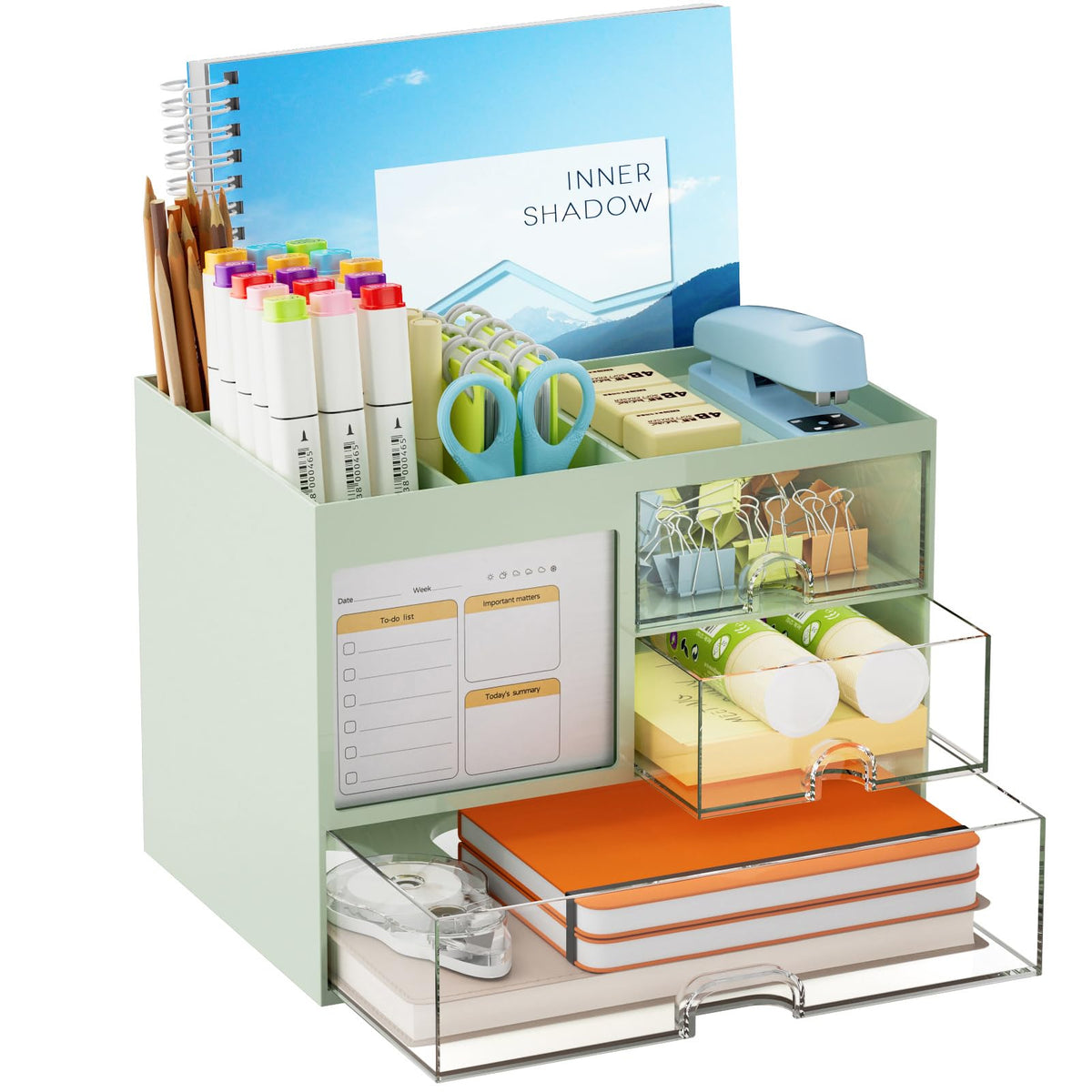 Marbrasse Desk Organizer with 3 Drawer, Multi-Functional Pencil Pen Holder for Desk, Desk Organizers and Accessories with 4 Compartments, Desktop Organizer Storage for Office Home Art Supplies (Black)