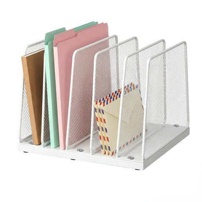 LEKETREE Gold Desk File Organizer, 5-Section Upright File Sorter, Vertical File Folder Holder, Mesh Metal Wood Office Desk Organizer for Document, Magazine, Books and more (White and Gold)