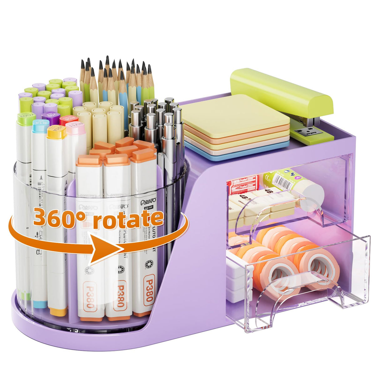 Marbrasse Desk Organizer with 2 Drawer, 360°Rotating Pen Holder, Desk Organizers and Accessories with 6 Slots Pencil Holder + 2 Drawer, Art Supply Storage Box Caddy for Office (Black)