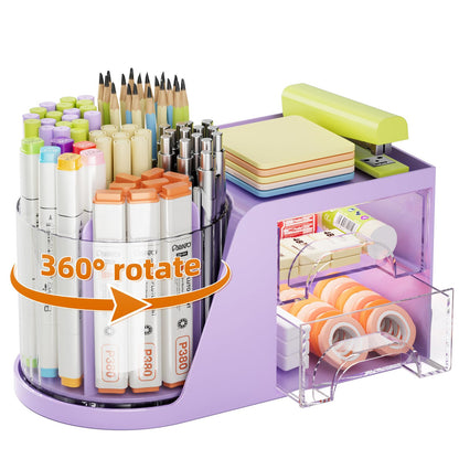 Marbrasse Desk Organizer with 2 Drawer, 360°Rotating Pen Holder, Desk Organizers and Accessories with 6 Slots Pencil Holder + 2 Drawer, Art Supply Storage Box Caddy for Office (Green)