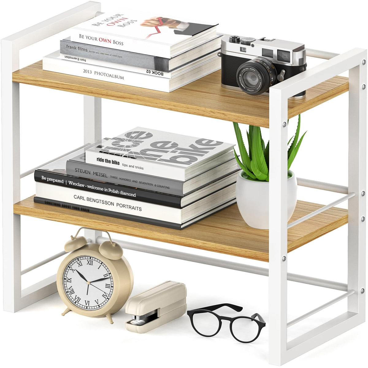 Office Desk Shelf Organizer, Wood Desktop Bookshelf Supplies Storage Rack, Shelf for Top of Desk and Dresser (Brown-2 Tier)