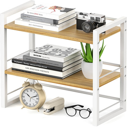 Office Desk Shelf Organizer, Wood Desktop Bookshelf Supplies Storage Rack, Shelf for Top of Desk and Dresser (Brown-2 Tier)